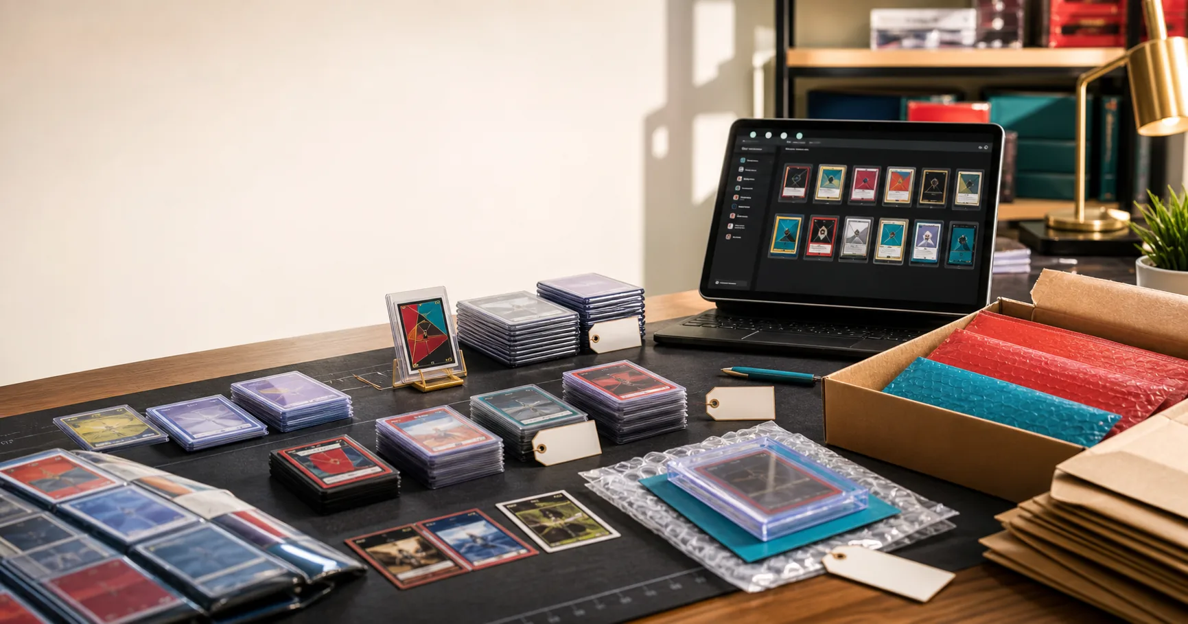 Trading cards being sorted, priced, and prepared for shipment on an account workspace.